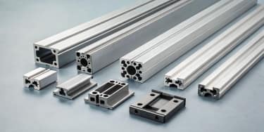 Various aluminum extrusion profiles, including T-slot and solid designs, with connectors.