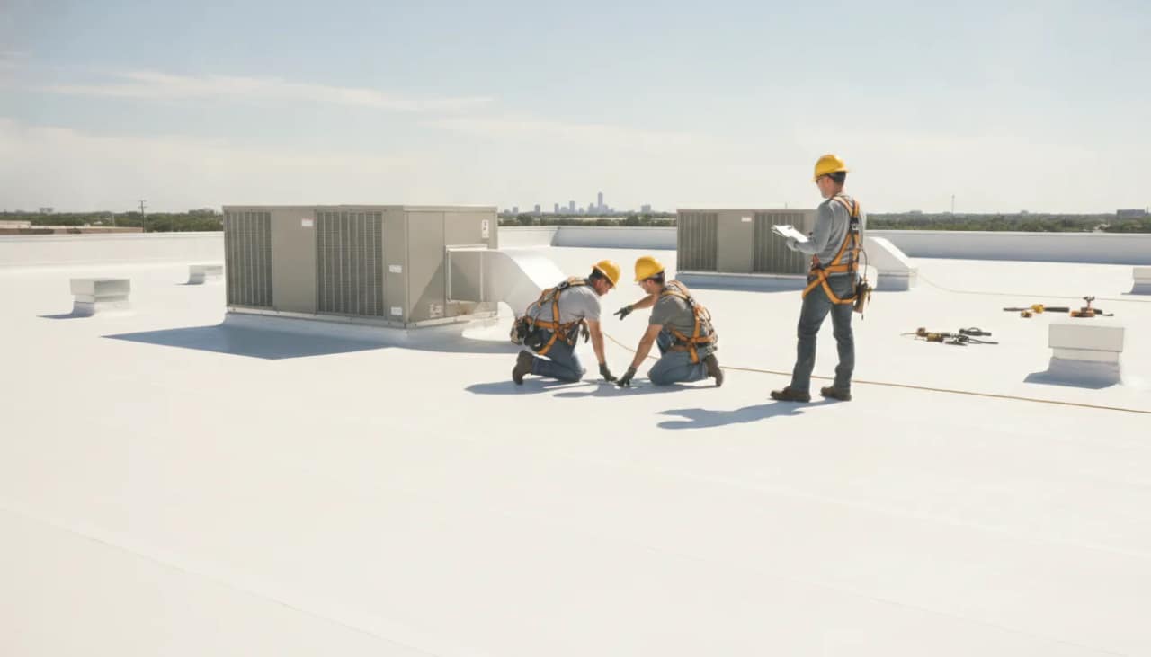 Commercial roofing crew inspecting a Texas building roof
