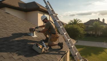 Roofing contractor inspecting and repairing a roof leak on a residential home in Texas