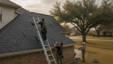 Texas roofing crew assessing storm damage during emergency roof repair services