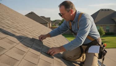 Professional roofer conducting a free roof inspection on a Texas home