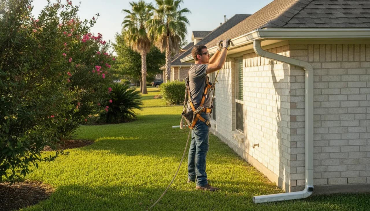 Professional gutter installer fitting a seamless aluminum gutter on a Texas home