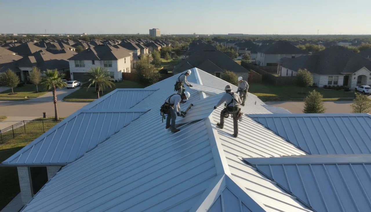 Roofing crew installing standing seam metal roof panels on a Texas home
