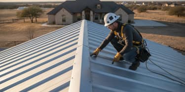 Roofing professional inspecting a standing seam metal roof on a Texas property