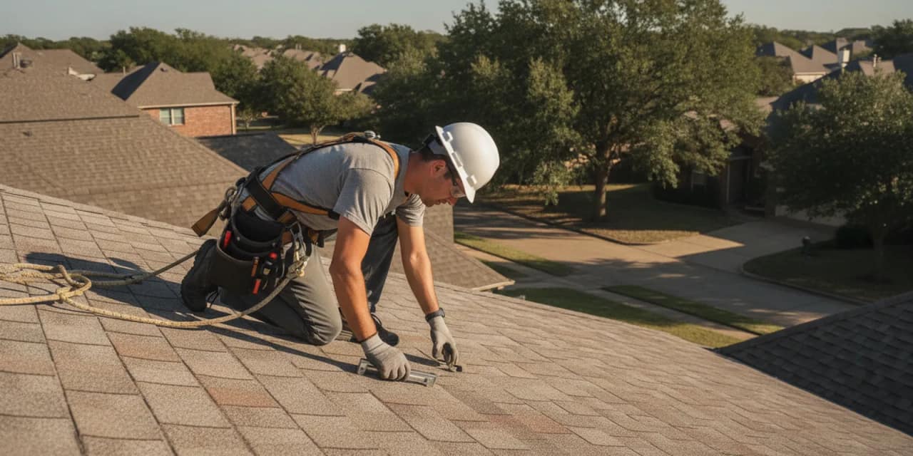 Roofing professional inspecting shingles on a Texas home