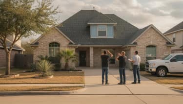 Professional roofing crew inspecting a Texas residential roof