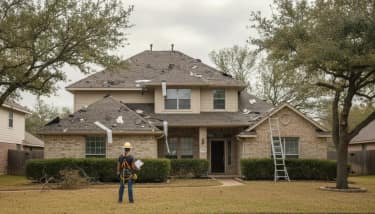 Texas roofing professional inspecting storm-damaged shingles for insurance documentation