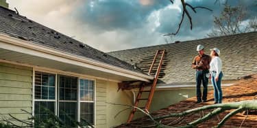 Texas homeowner reviewing a roofing insurance policy with a roofer