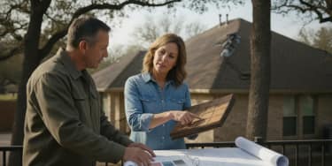 Texas homeowner and roofing professional reviewing roof upgrade documents beside a home