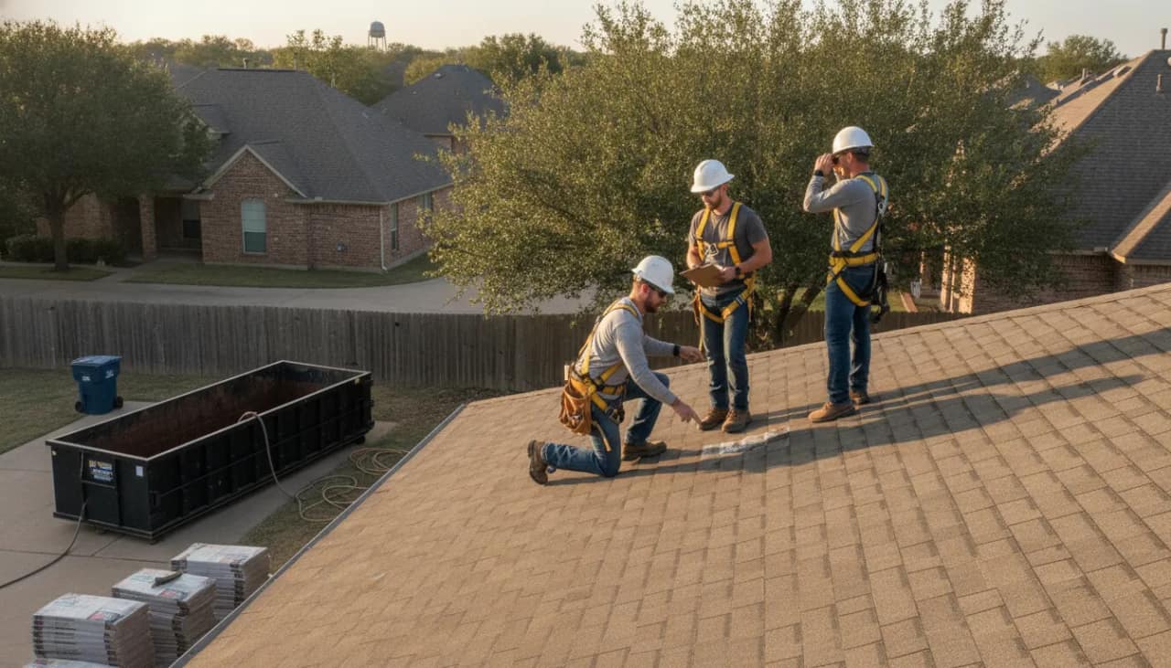 Roofing professional inspecting a Texas home roof for repair needs