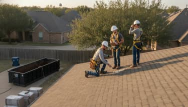 Roofing professional inspecting a Texas home roof for repair needs