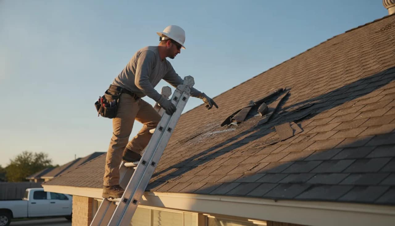 Professional roofer inspecting hail and wind storm damage on a Texas residential shingle roof