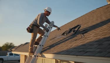 Professional roofer inspecting hail and wind storm damage on a Texas residential shingle roof