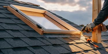 Roofer installing a skylight into an open roof deck on a Texas home