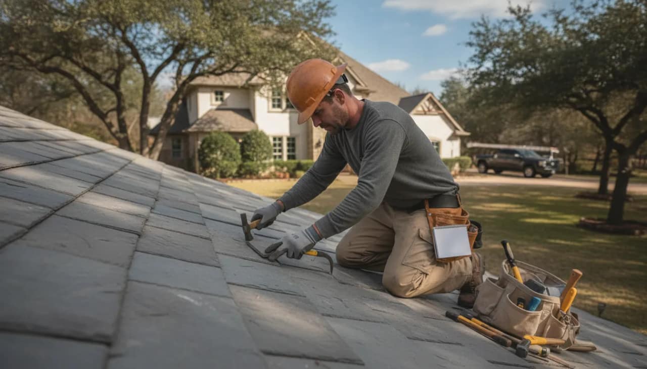 Texas roofing professional assessing a slate roof