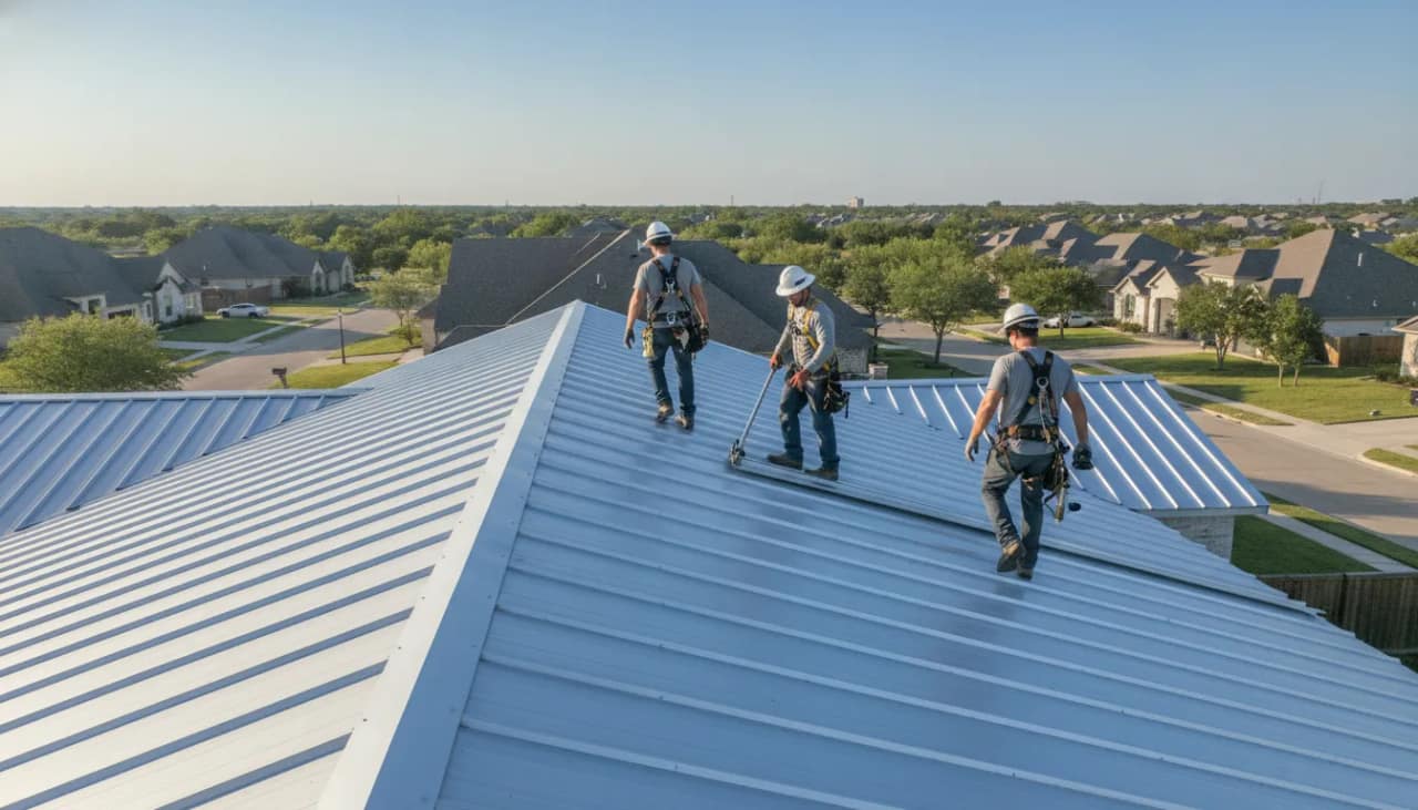 Professional crew installing a standing seam metal roof on a modern Texas home