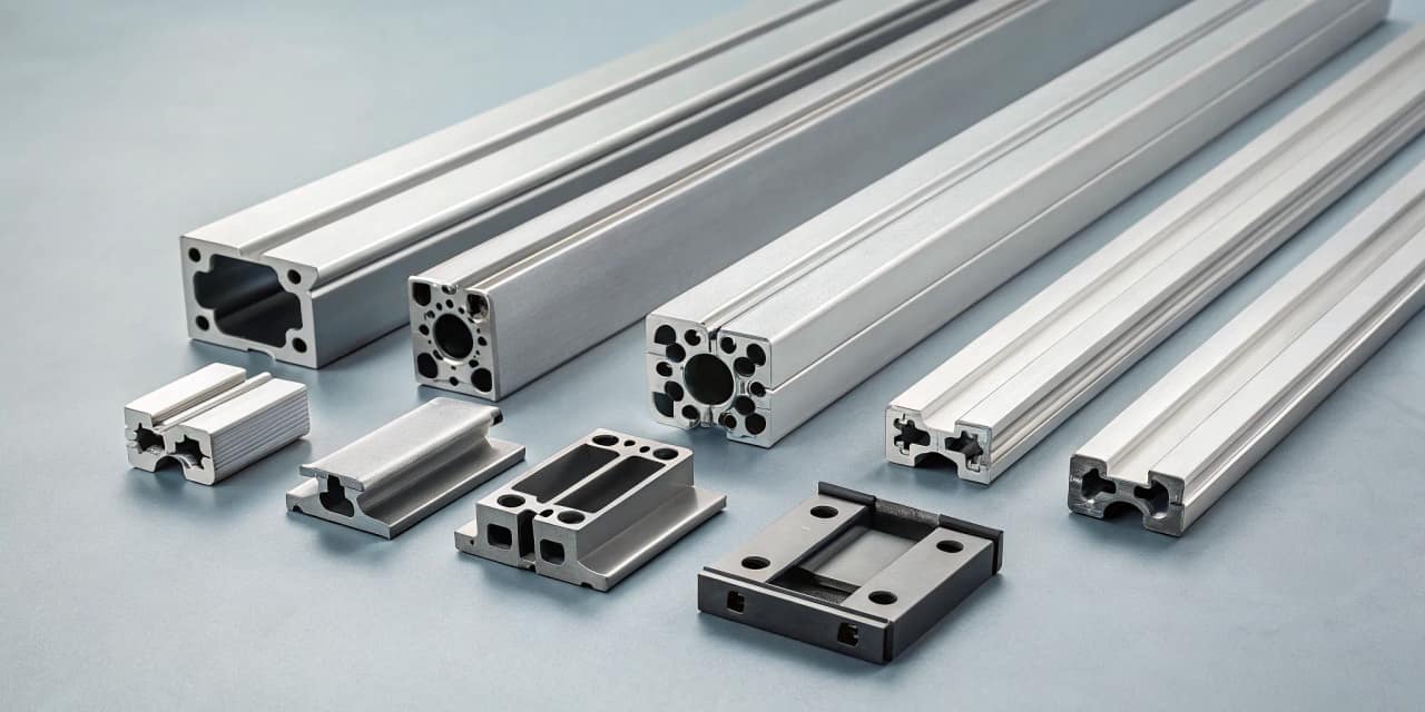 Various aluminum extrusion profiles, including T-slot and solid designs, with connectors.