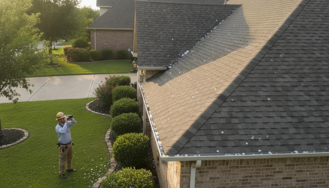 Texas roofing professional checking for hail damage from the ground