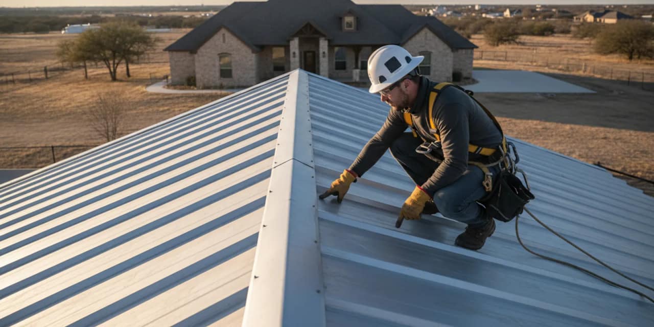 Roofing professional inspecting a standing seam metal roof on a Texas property