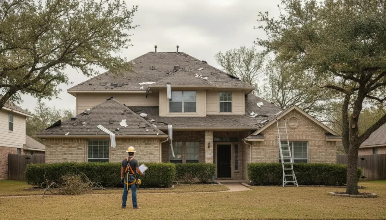 Texas roofing professional inspecting storm-damaged shingles for insurance documentation