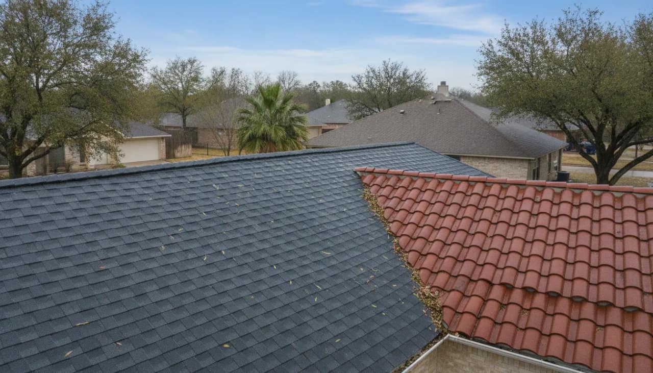 Texas home with shingle and tile roofing considered during an insurance inspection