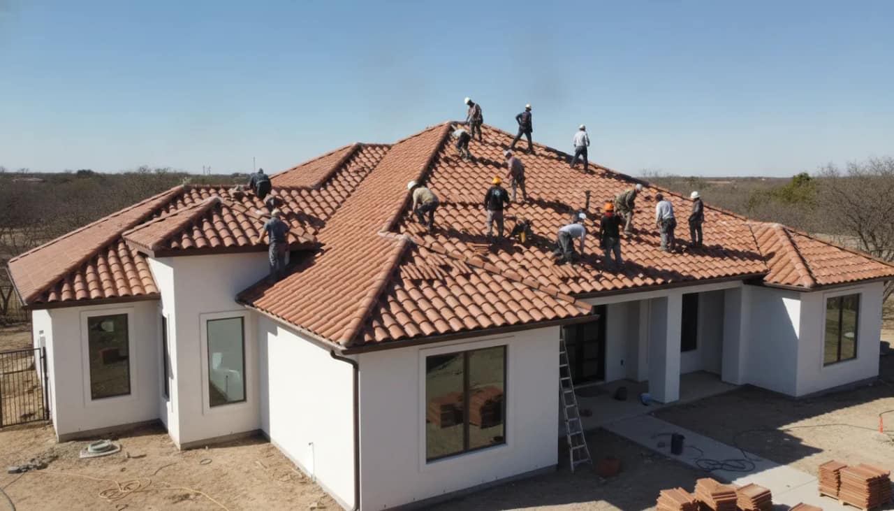 Professional crew installing terracotta clay tile on a Texas home roof