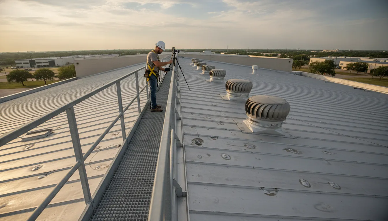 Professional checking a Texas commercial roof after hail from a safe position