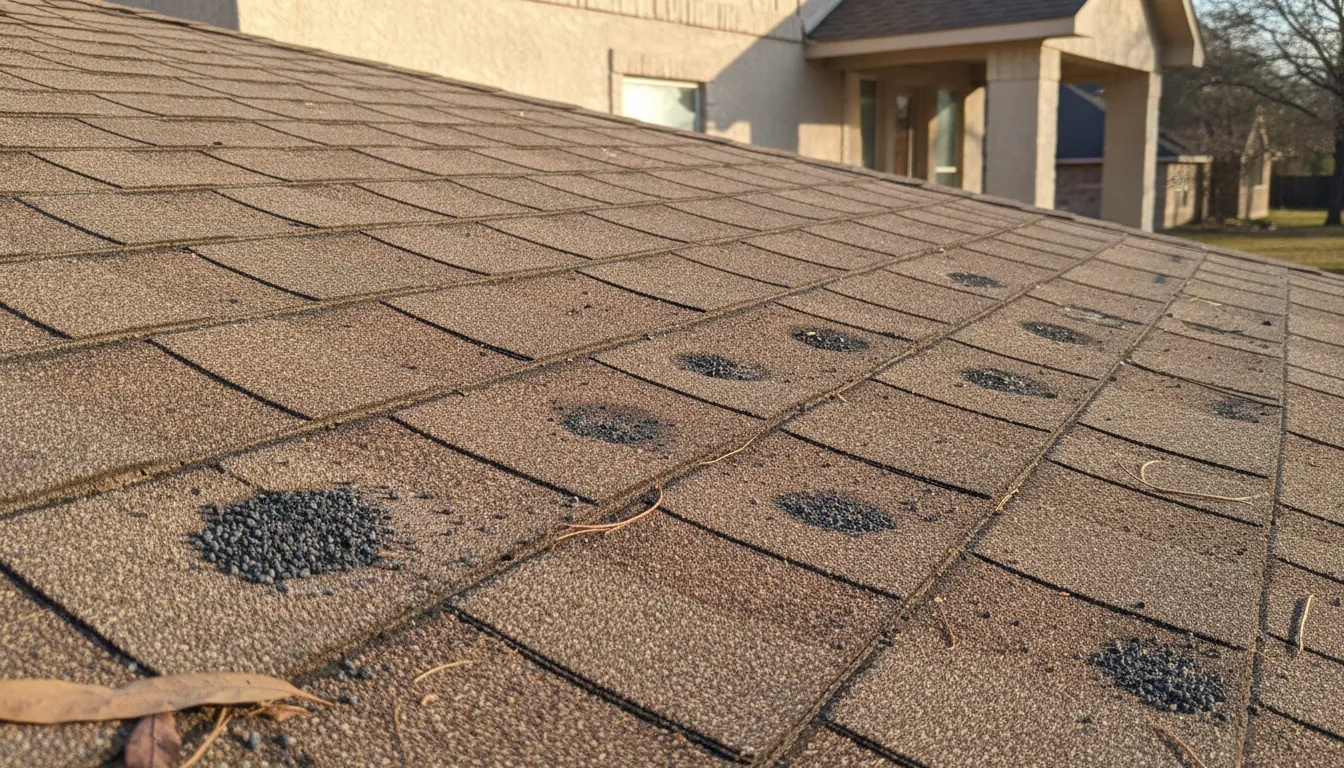 Close view of hail impact signs on asphalt roof shingles