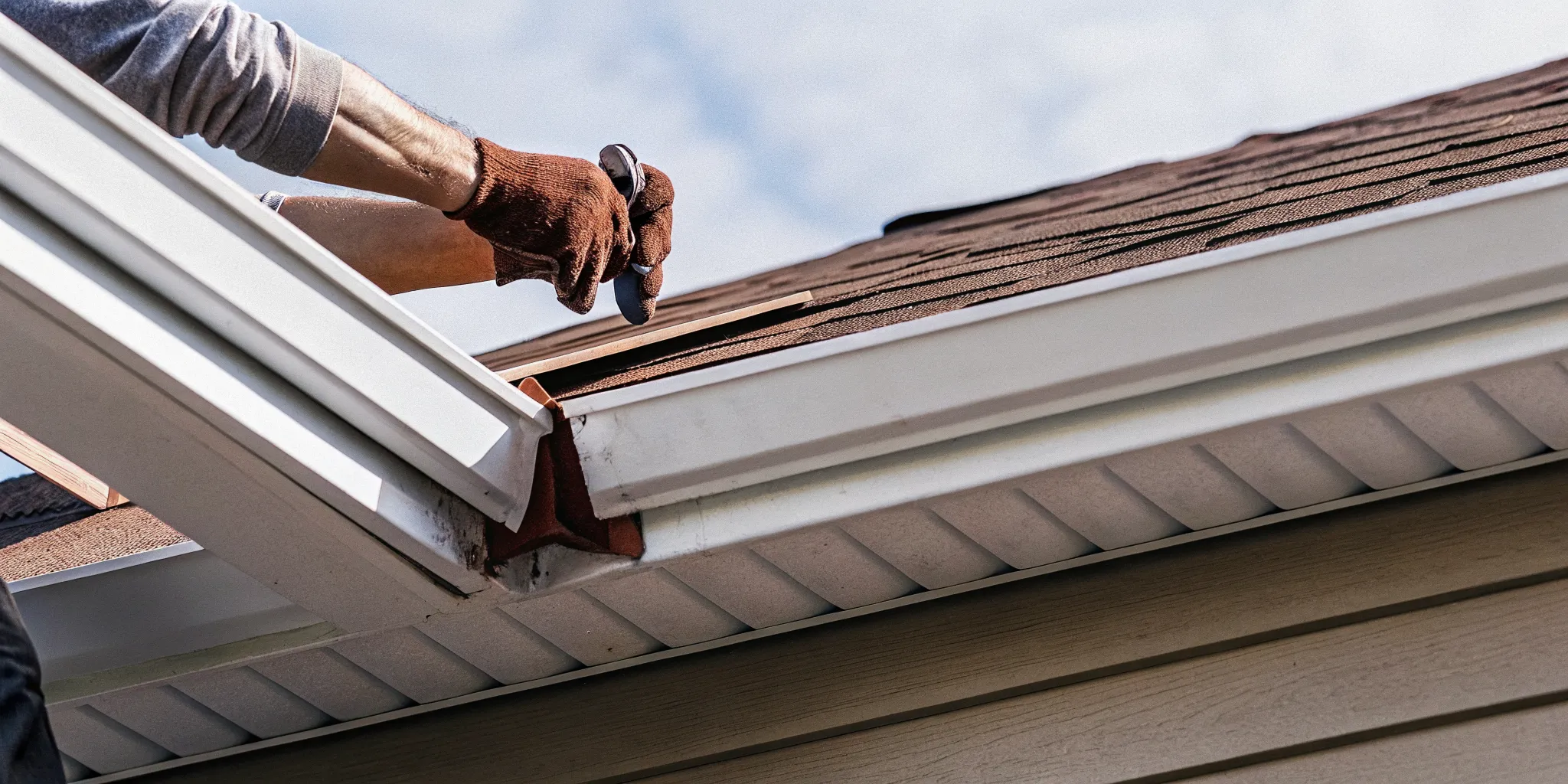Roofer inspecting flashing around a skylight on a residential shingle roof